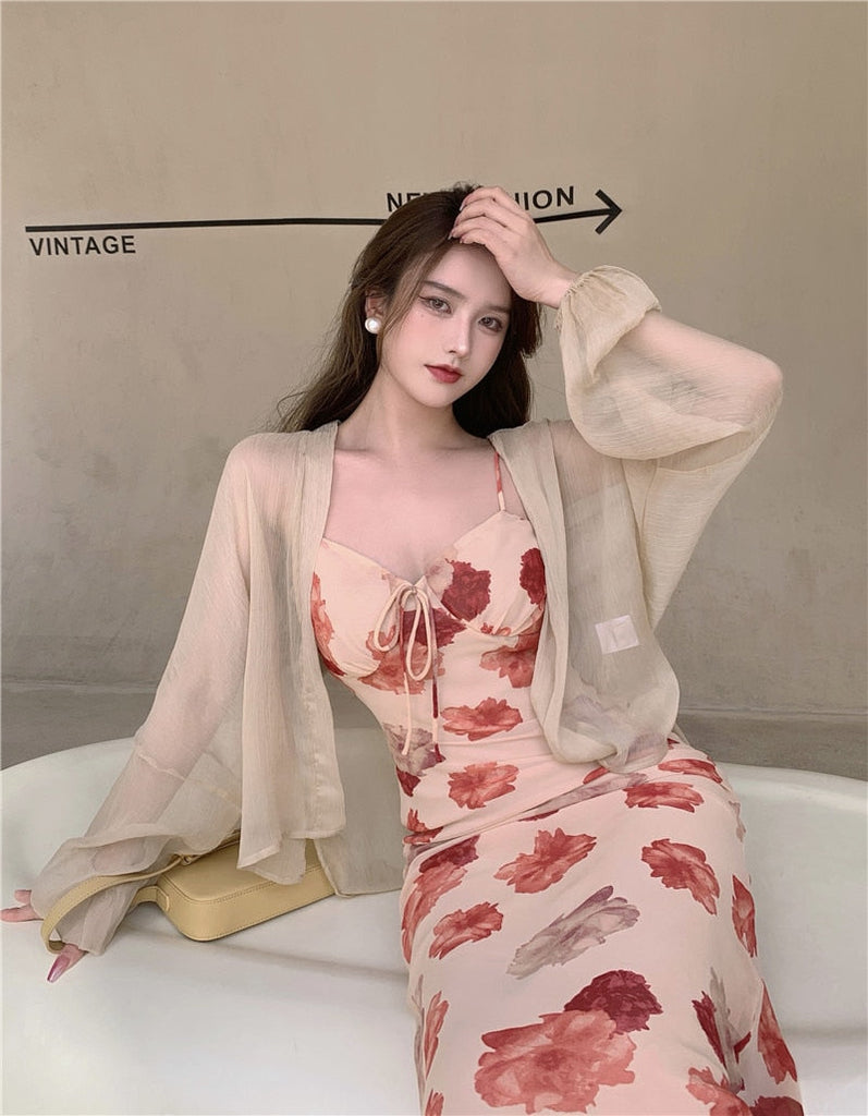 Kamames French Vintage Strap Dress Women Sweet Elegant Sleeveless Sexy Floral Dress Female Casual V-neck Beach Party Dress Summer