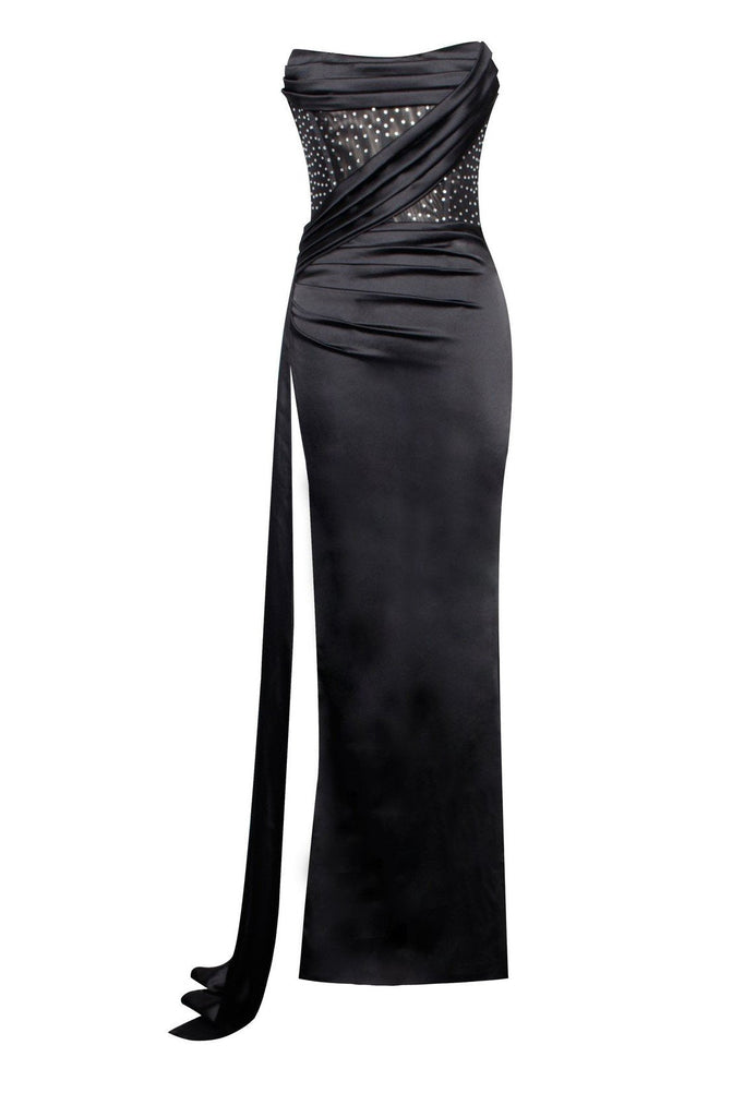 kamames Haliya Crystallized Corset High Slit Gown - Black