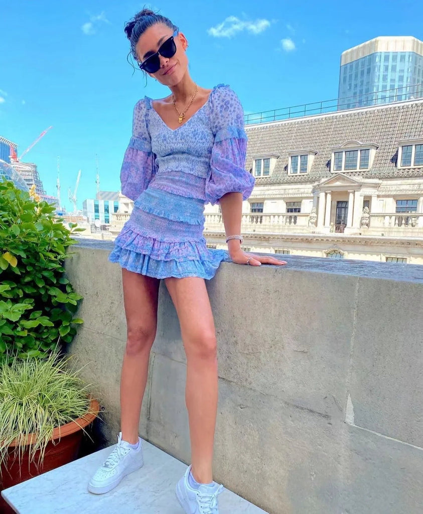 Kamames Floral Print Ruffle Dress for Women Vintage Summer Dress Puff Sleeve Ruched Ladies Dress Sexy Boho Party Dress