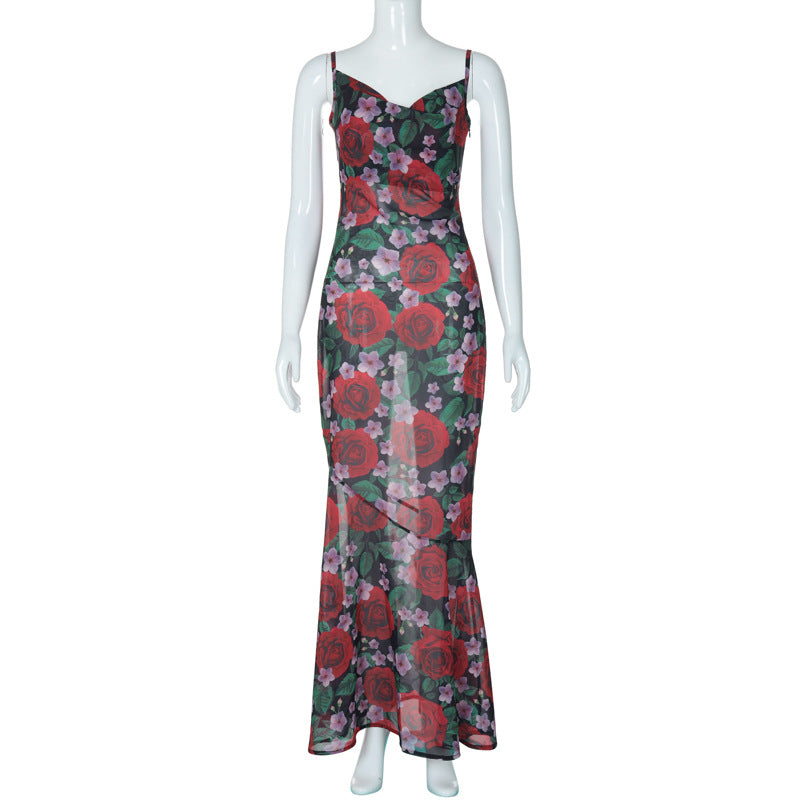 KAMAMES 2025 spring ins style fashion new sexy V-neck temperament versatile slim long printed suspender dress women