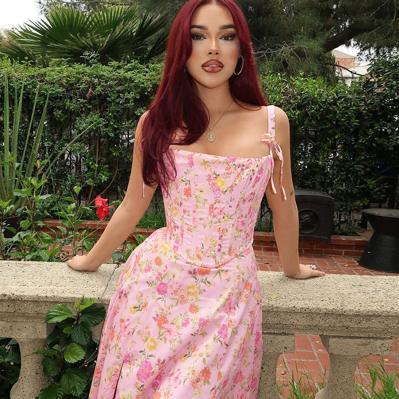 KAMAMES 2025 spring sweet style  dress women's fashion floral splicing fish bone chest wrapping suspender princess dress women