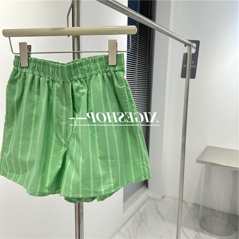 kamames Green Vertical Striped Casual Shorts Women's White Western Style Elastic Waist A- line Slim Fit Beach Hot Pants Korean Style Niche