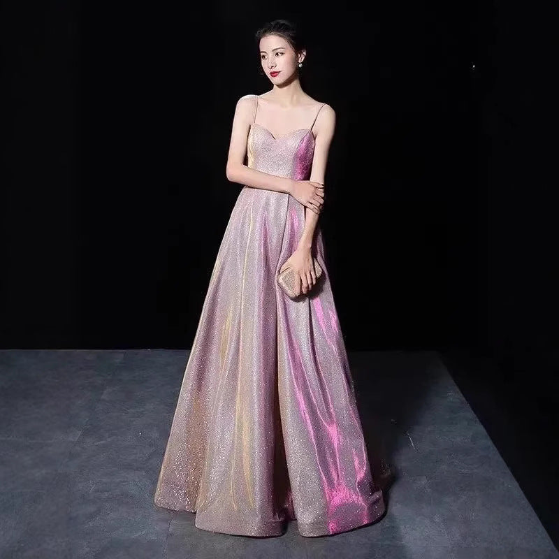 KAMAMES 2025 Popular trade new women's suspender backless sexy flash deep V party banquet evening dress dress