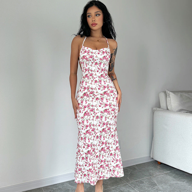 KAMAMES 2025 style women's clothing  spring new Popular trade explosive sexy floral suspender skirt open fork backless dress women