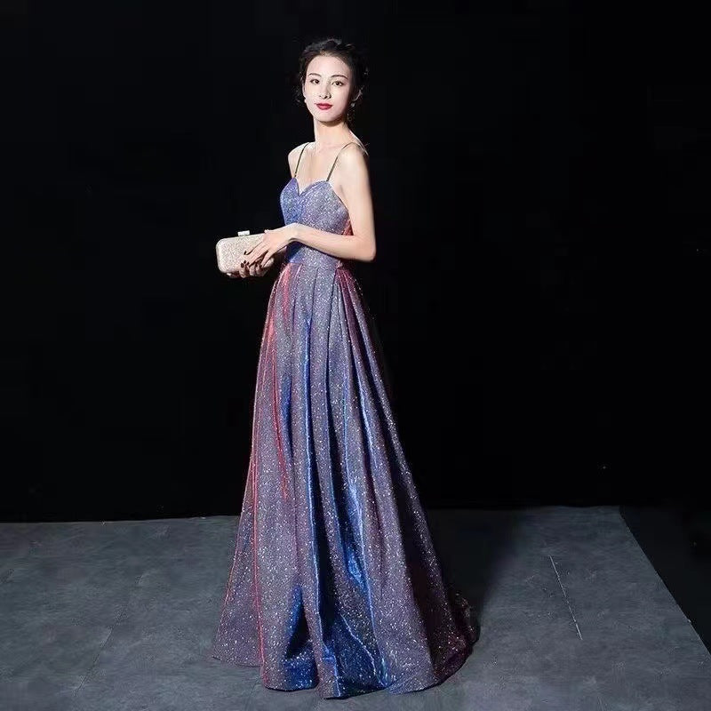 KAMAMES 2025 Popular trade new women's suspender backless sexy flash deep V party banquet evening dress dress