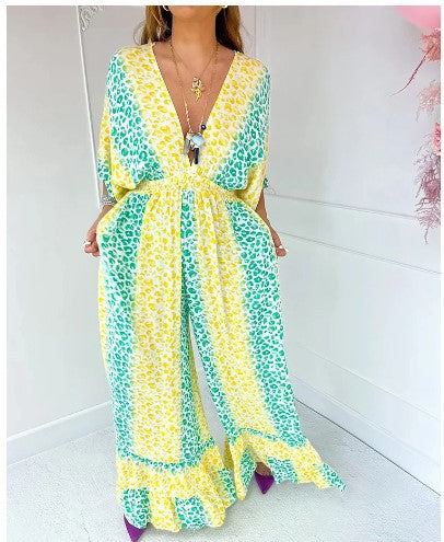 kamames Cross-Border  New Summer Short Sleeve V-neck Printed Long Jumpsuit High Waist plus Size Pocket Jumpsuit Wide Leg