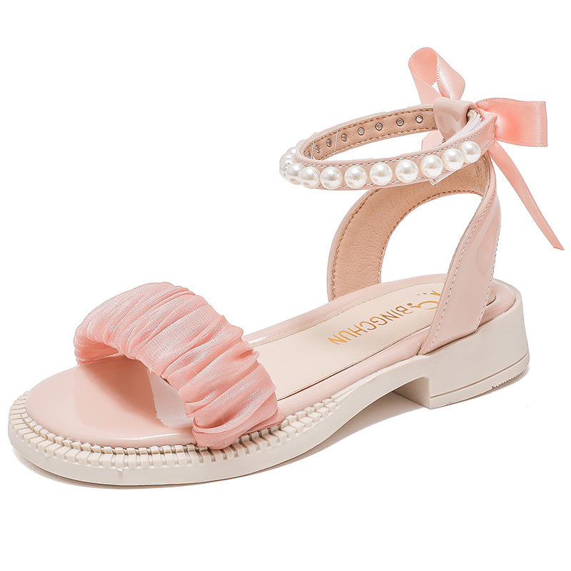 KAMAMES Girls' Roman Sandals  Summer New Fashion Baby Shoes Medium and Small Children Pearl Little Girl Open Toe Princess