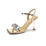 kamames Rhinestones Strap Gold Square Toe Sandals Women's Open Toe Sexy Shiny High Heels  Summer New Fairy Style
