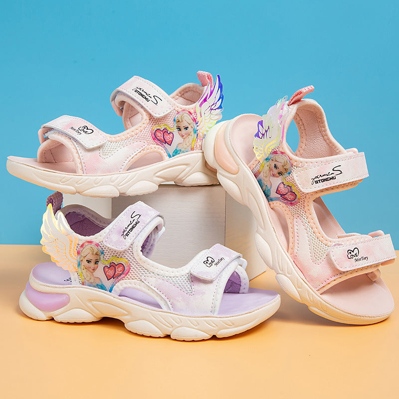 KAMAMES Princess Sandals for Girls Summer New Polyurethane Soft-Soled Velcro Little Girl's Shoes Open Toe Cartoon Beach Shoes