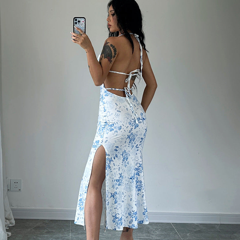 KAMAMES 2025 style women's clothing  spring new Popular trade explosive sexy floral suspender skirt open fork backless dress women