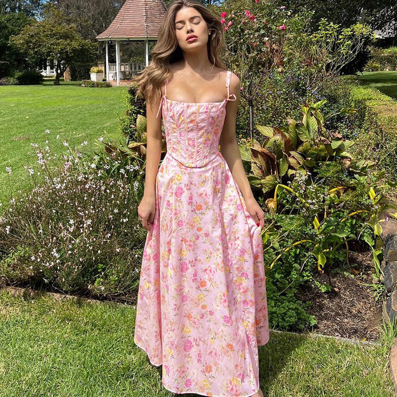 KAMAMES 2025 spring sweet style  dress women's fashion floral splicing fish bone chest wrapping suspender princess dress women
