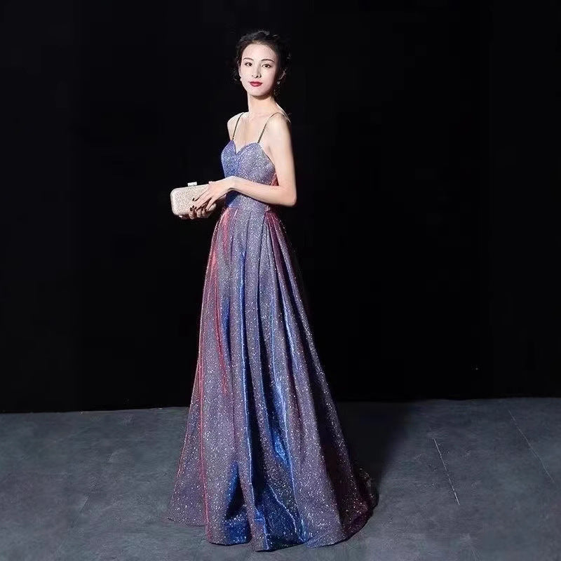 KAMAMES 2025 Popular trade new women's suspender backless sexy flash deep V party banquet evening dress dress
