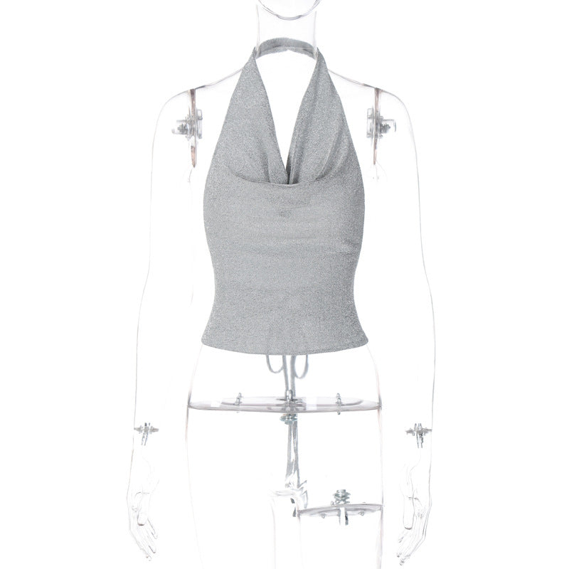 KAMAMES 2025 sexy nightclub style new women's clothing solid color bright silk reflective backless lace-up tied waist neck sling chest wrap woman