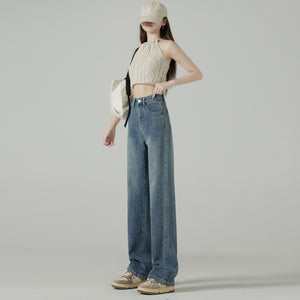 kamames High Waist Double Buckle Straight Jeans for Women  Spring and Autumn New Small Loose Drooping Wide Leg Mop Pants