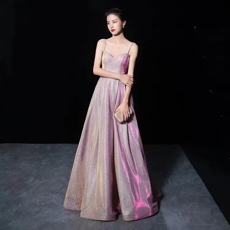 KAMAMES 2025 Popular trade new women's suspender backless sexy flash deep V party banquet evening dress dress