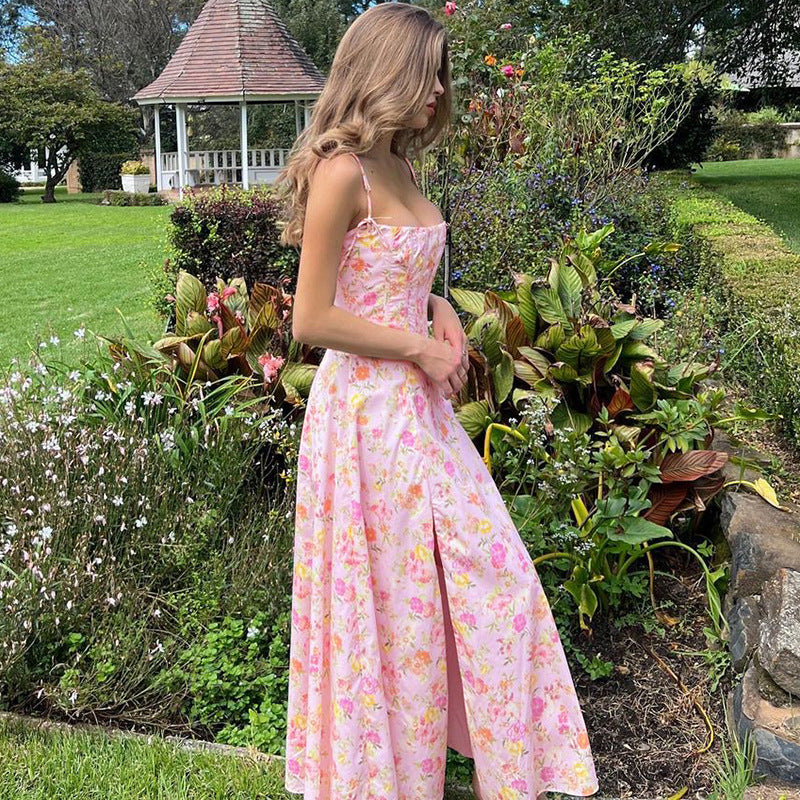 KAMAMES 2025 spring sweet style  dress women's fashion floral splicing fish bone chest wrapping suspender princess dress women