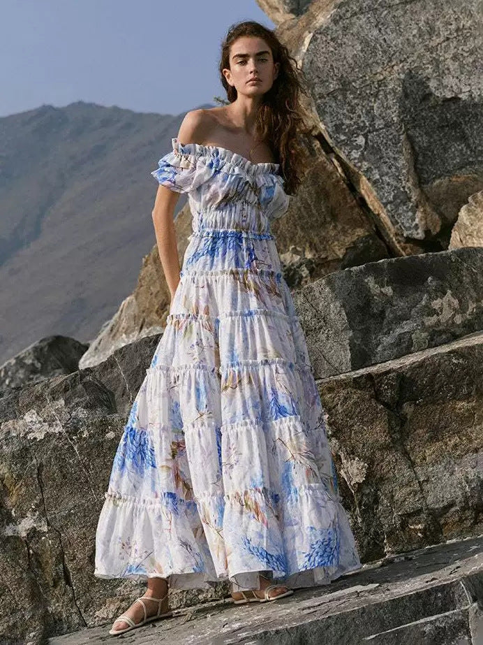 KAMAMES 2025 popular New new off-the-shoulder  women's clothing fashion organza fairy long temperament evening dress dress