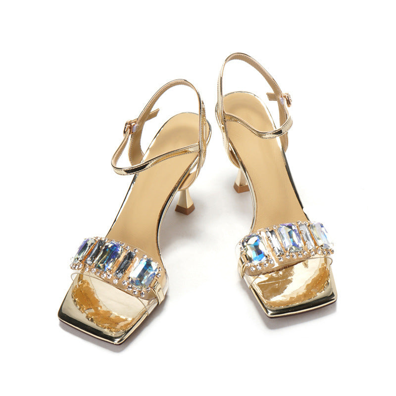 kamames Rhinestones Strap Gold Square Toe Sandals Women's Open Toe Sexy Shiny High Heels  Summer New Fairy Style