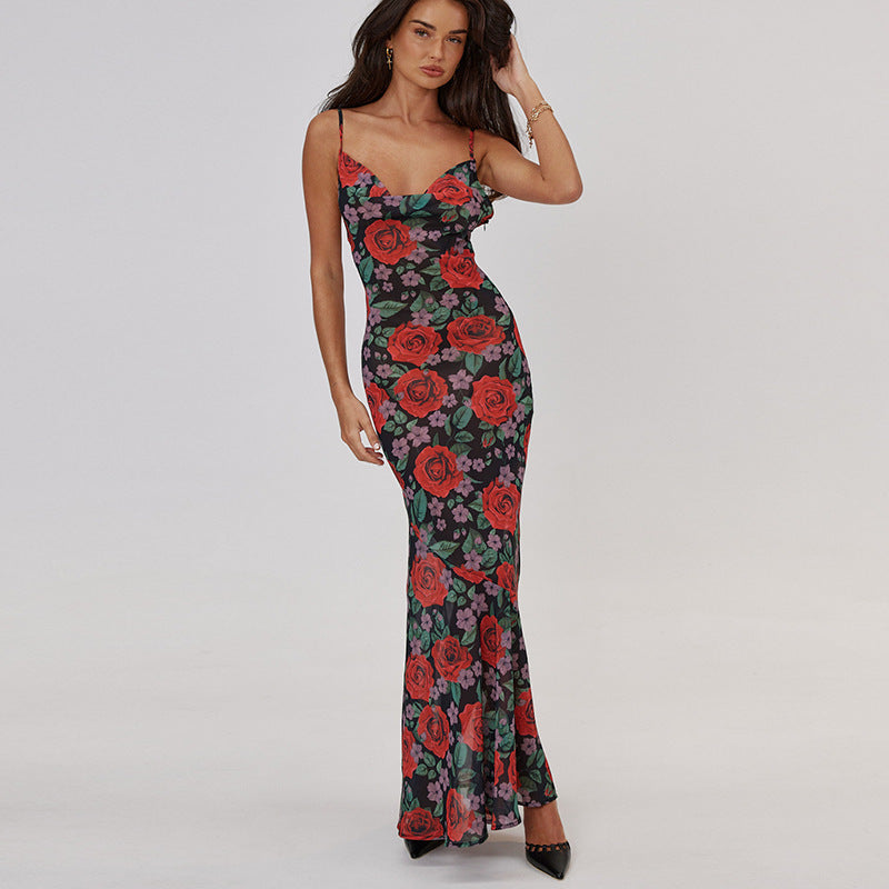KAMAMES 2025 spring ins style fashion new sexy V-neck temperament versatile slim long printed suspender dress women