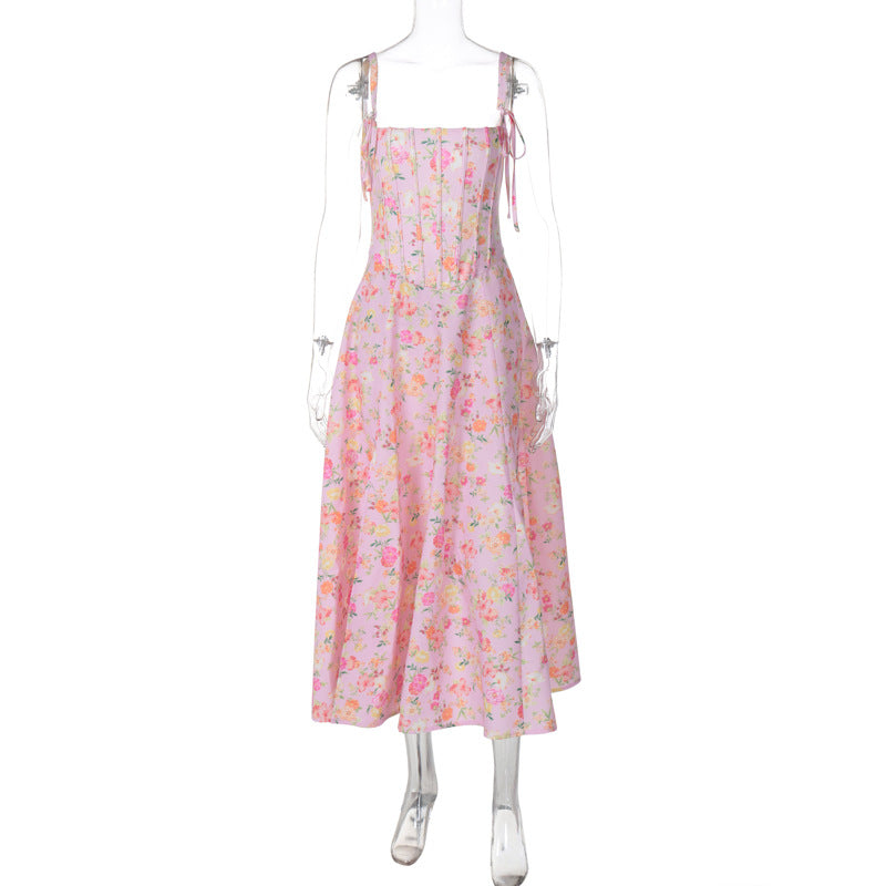 KAMAMES 2025 spring sweet style  dress women's fashion floral splicing fish bone chest wrapping suspender princess dress women