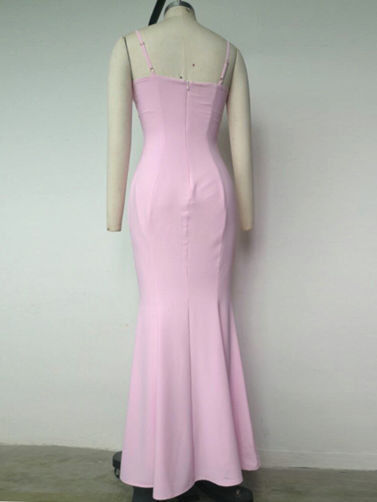 Kamames Sexy V Neck Sling Backless Maxi Mermaid Dress Elegant Pink Spaghetti Strap Bodycon Long Dress Mermaid Gown Celebrity Party Dress