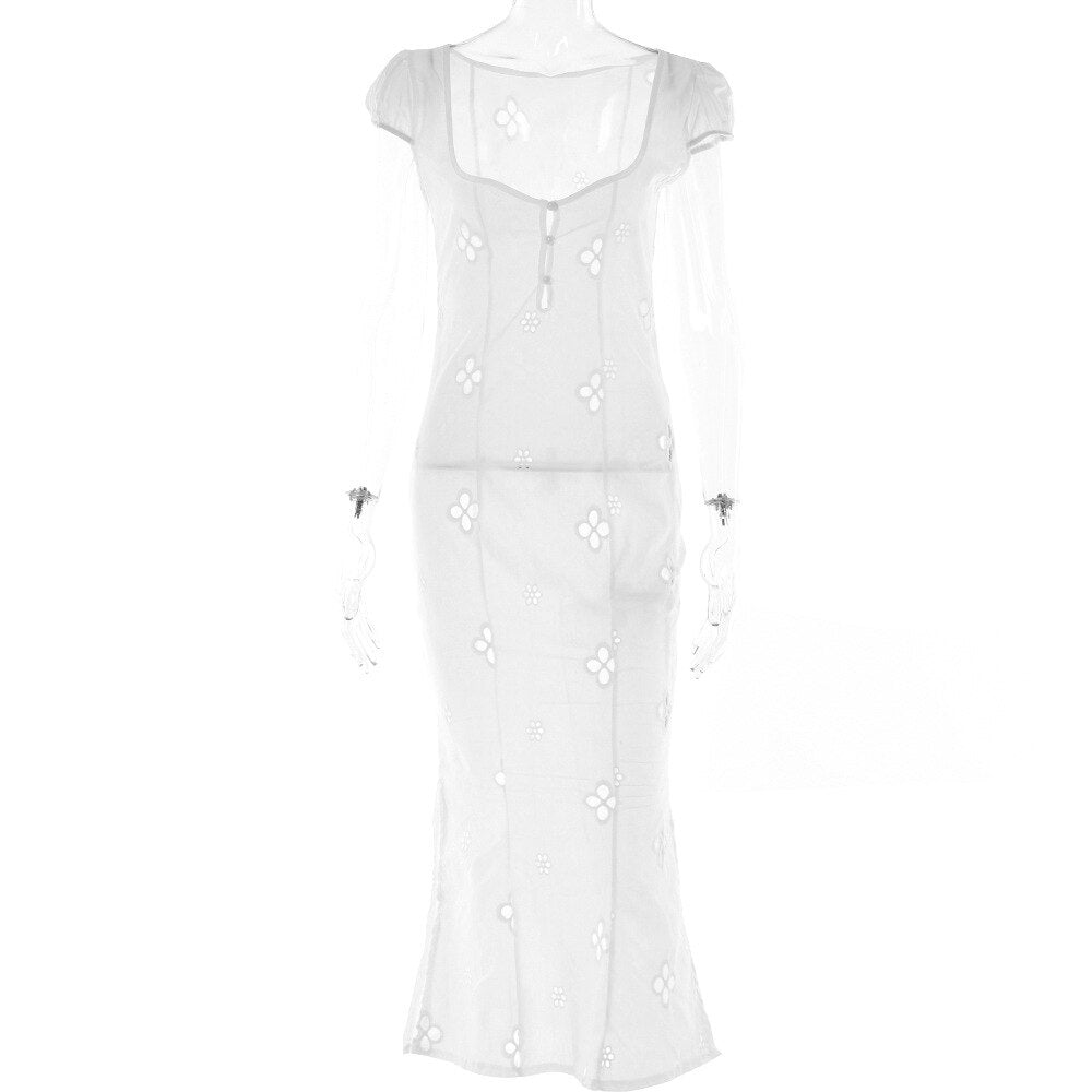 Kamames Sexy Hollow Out Midi Dress for Women Summer Elegant Chic V-Neck Slim Party Dress White Short Sleeve Casual Dress