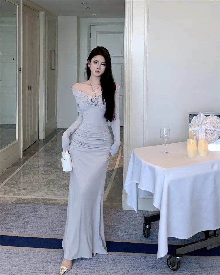 Kamames Sexy Women Off Shoulder Evening Party Dress  Elegant Long Sleeve Bodycon Lady Solid Maxi Dresses French Floral Vestidos Robe
