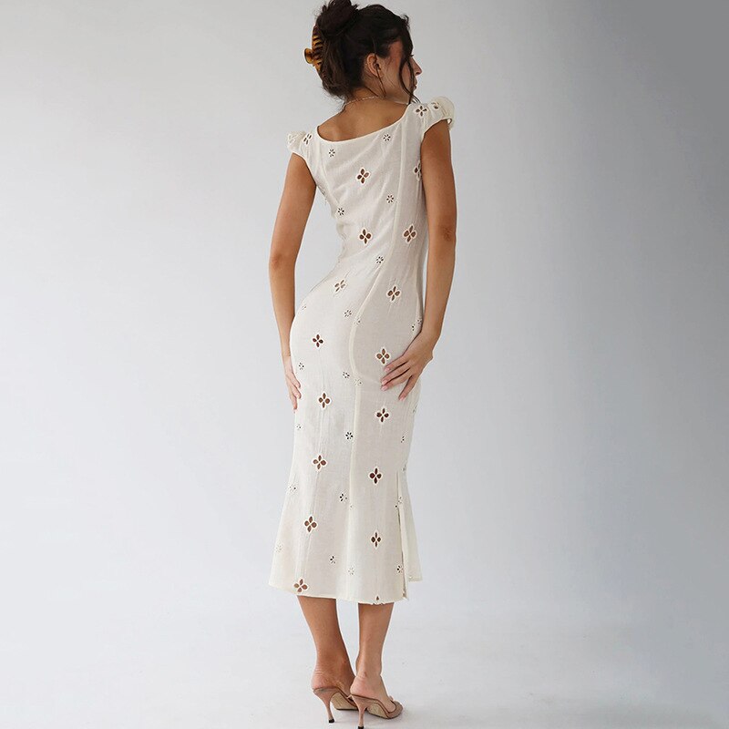 Kamames Sexy Hollow Out Midi Dress for Women Summer Elegant Chic V-Neck Slim Party Dress White Short Sleeve Casual Dress