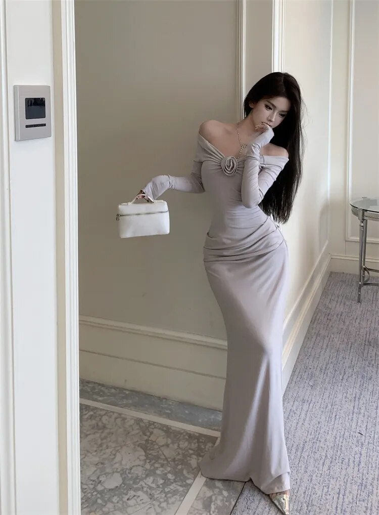 Kamames Sexy Women Off Shoulder Evening Party Dress  Elegant Long Sleeve Bodycon Lady Solid Maxi Dresses French Floral Vestidos Robe