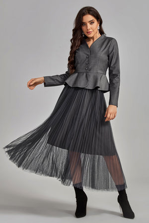 kamames Savira Short Flared Blazer Pleated Gauzy Skirt Set