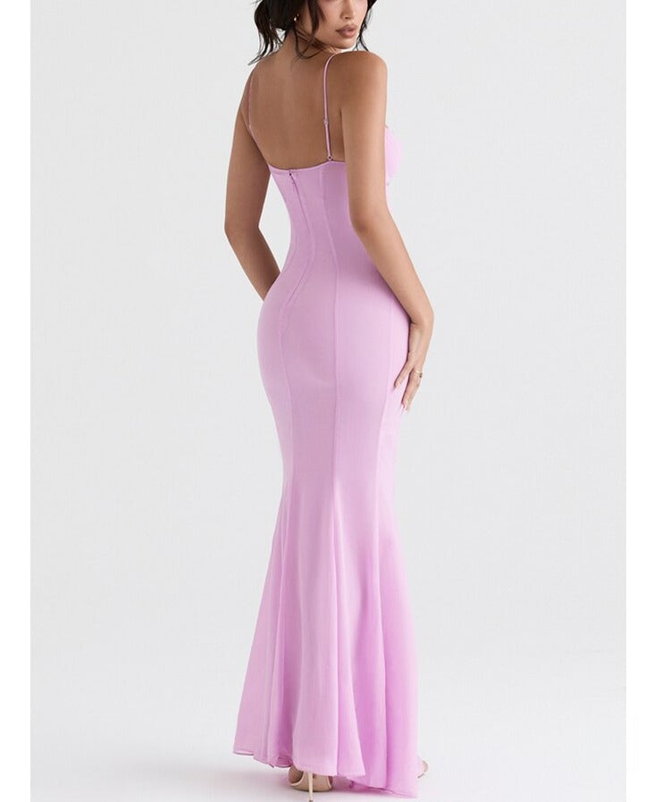 Kamames Sexy V Neck Sling Backless Maxi Mermaid Dress Elegant Pink Spaghetti Strap Bodycon Long Dress Mermaid Gown Celebrity Party Dress