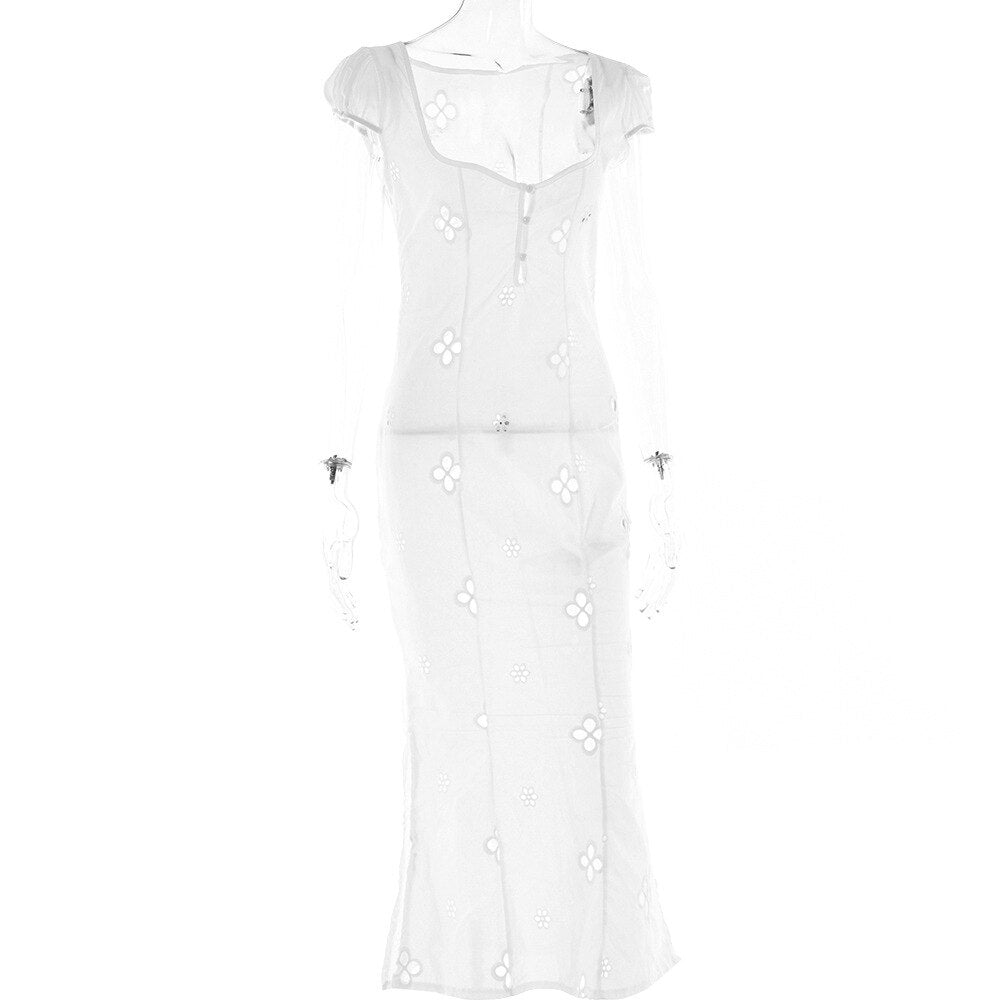 Kamames Sexy Hollow Out Midi Dress for Women Summer Elegant Chic V-Neck Slim Party Dress White Short Sleeve Casual Dress