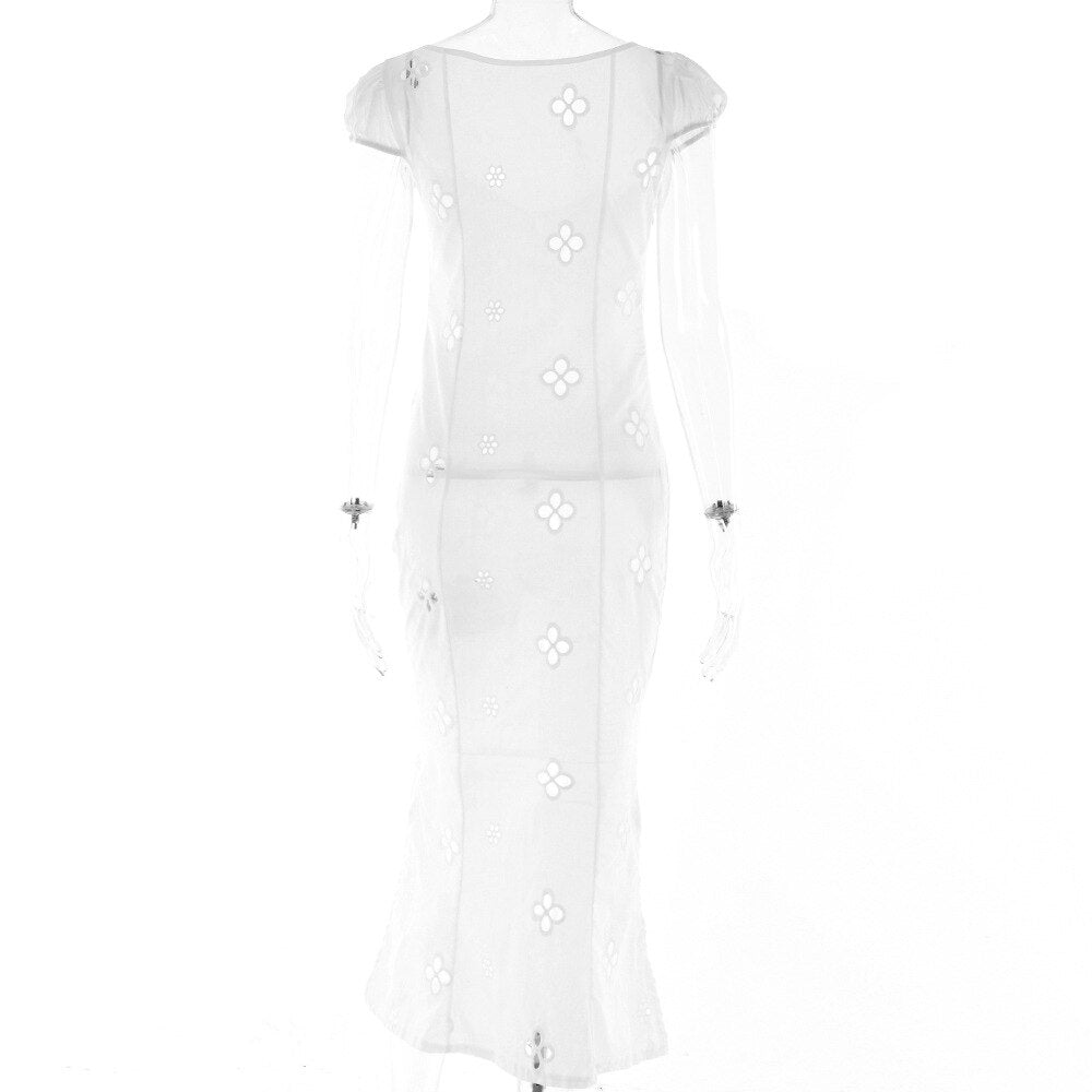 Kamames Sexy Hollow Out Midi Dress for Women Summer Elegant Chic V-Neck Slim Party Dress White Short Sleeve Casual Dress