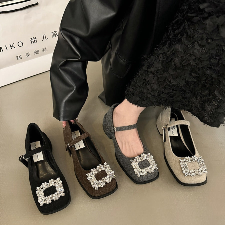 kamames Diamond Mary Jane Women's Shoes 2024 New Spring And Autumn Winter High-Heeled Shoes Black Evening Shoes