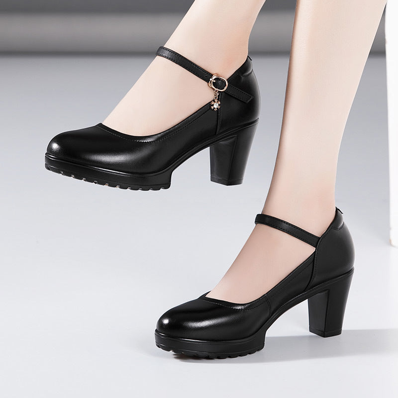 kamames Cowhide Catwalk High Heels Women's Anti-Skid Thick Heel Waterproof Platform Cheongsam Models Soft Leather Work Shoes Women's Singles