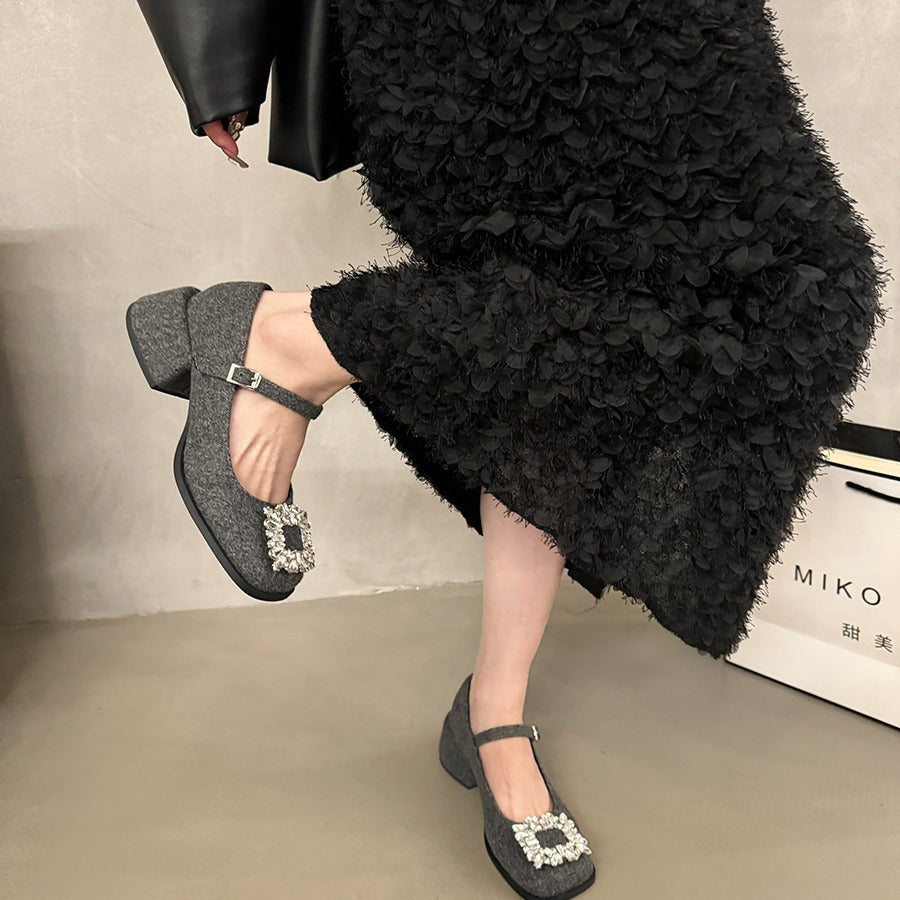 kamames Diamond Mary Jane Women's Shoes 2024 New Spring And Autumn Winter High-Heeled Shoes Black Evening Shoes