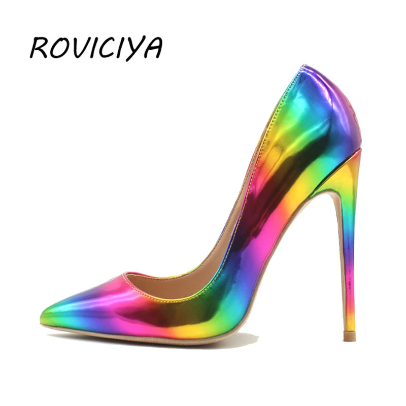 kamames Rainbow Printed Pointed Toe Woman Lady Female 10 cm 8 cm 12 cm high heel shoes Stilettos Women Pump QP006 ROVICIYA