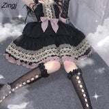 kamames Gothic Black Sling Dress Women Japanese Kawaii Bow A-line Lolita Mini Dress Summer Sweet Sleeveless Punk Party Vestidos