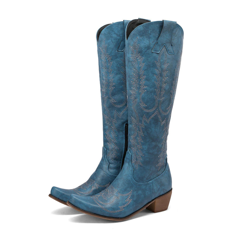 kamames Fashion Women Knee High Boots Square Low Heel Western Cowboy Boots Autumn Winter Woman Shoes Size 35-43