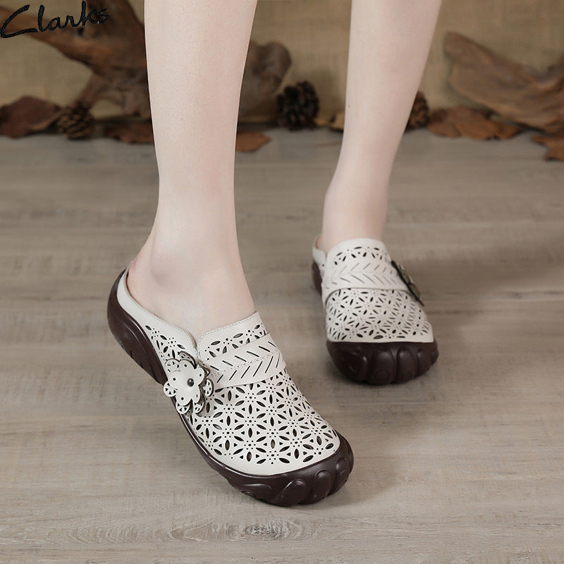 kamames Head Layer Cowhide Leisure Women's Shoes Ethnic Wind Leather Flowers Breathable Women's Sandals Large Size Comfortable Soft Sole Slippers