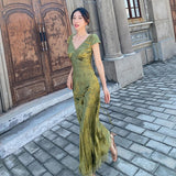 kamames Green V-Neck Satin Jacquard Dress Women's Backless Sexy Maxi Dress Summer Ladies Robe Vintage Vestidos Female Clothing 1028-0