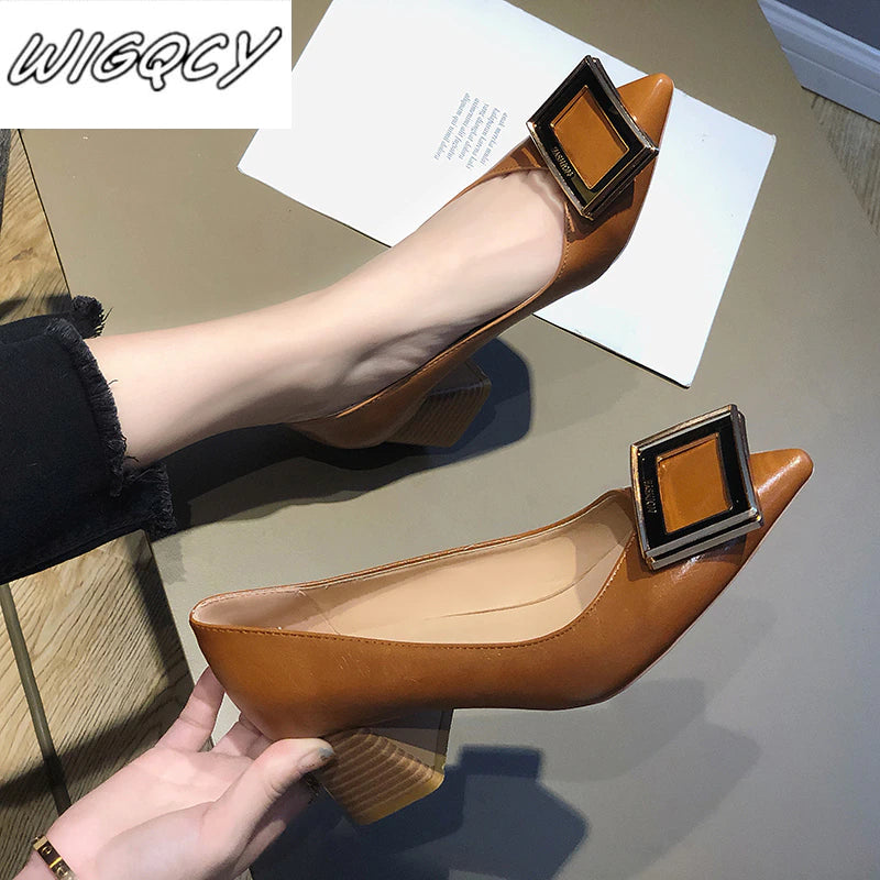 kamames Heels Pointed Toe Pumps Shoes Women Leather Med Heels V Mouth Casual Office Lady OL Shoes 5 cm Heel