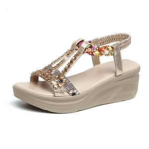 kamames Sandals Women's Summer 2024 New Comfortable Thick-Soled High-Heeled Shoes Bohemian Crystal Diamond Sandals