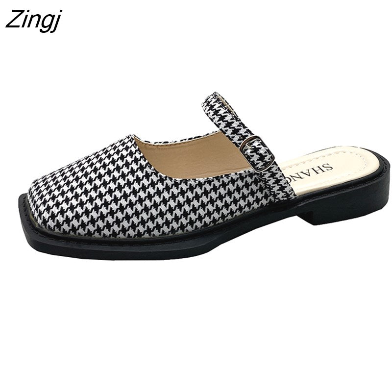 kamames Deformed Heel Autumn Luxury Chain Square Head Shallow Flat Shoes Women's Lazy Loafer Casual Flat Square Heels Lolita Shoes