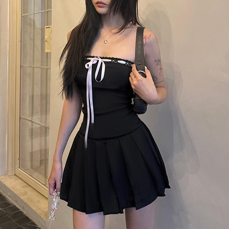 kamames Design Color Tie Bow To Wipe The Breast Skirt With The Word Collar Waist Show Thin Pleated Skirt Dress Woman