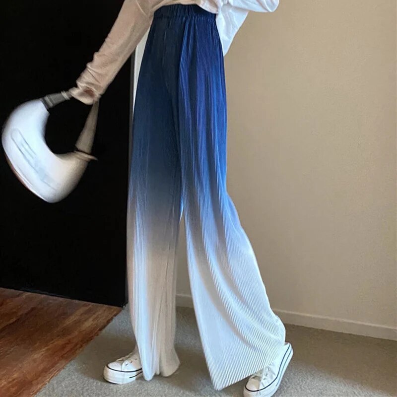 kamames Gradient Color Wide Leg Pants Women Summer Thin Pleated Straight Trousers High Waist Elastic Streetwear Women Y2k Pants