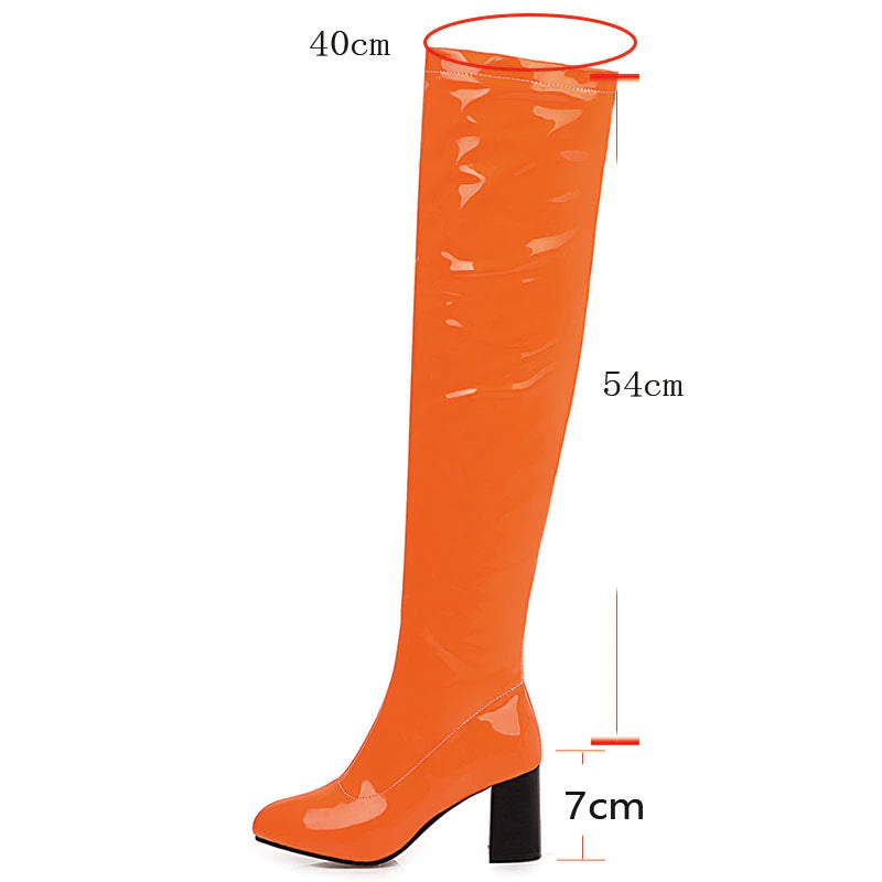 kamames Sgesvier Fashion Over the Knee Boots Women Orange Red Yellow Green Thigh High Boots Square High Heels Party Shoes Lady Plus Size