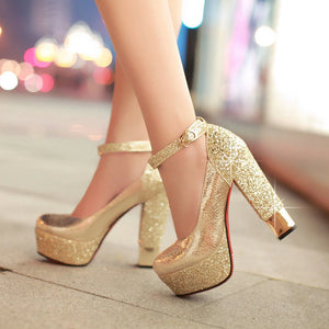 kamames Gold Silver Platform Women Heels Sequined Chunky High Heel Pumps Summer Party Wedding Lady Shoes