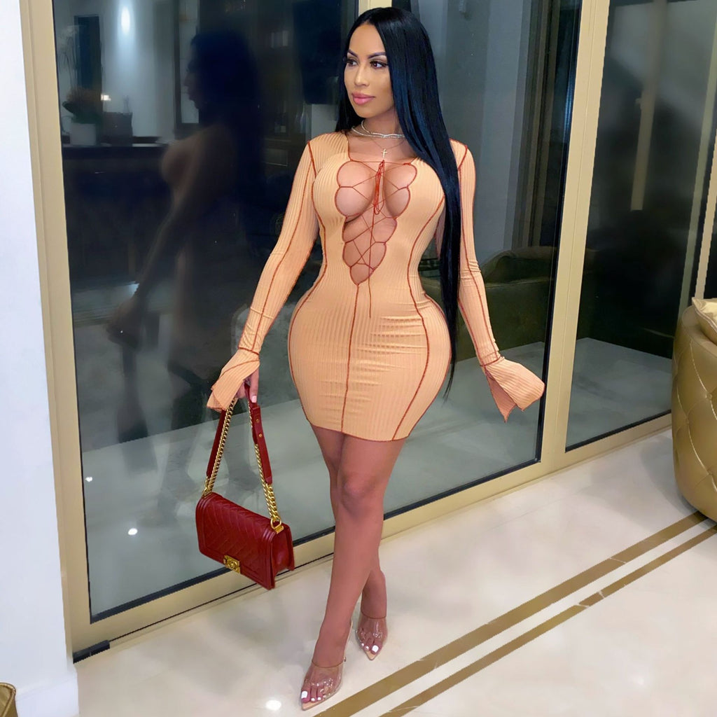 kamames Ribbed Bodycon Dresses Stripe Low-Cut Hollow Out Long Flared Sleeve Club Partywear Fashionable Lace Up Fall Clothing