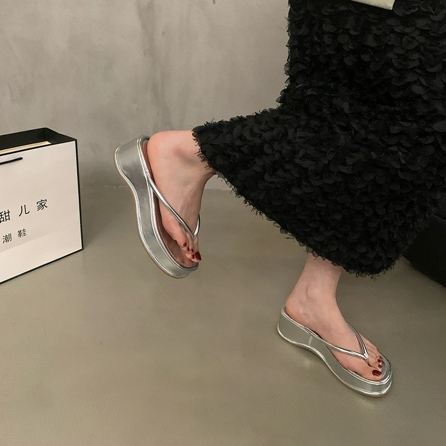 kamames Sandwiched Herringbone Slippers Women's Shoes 2024 New Summer Heightened Thick-Soled Beach Sandals